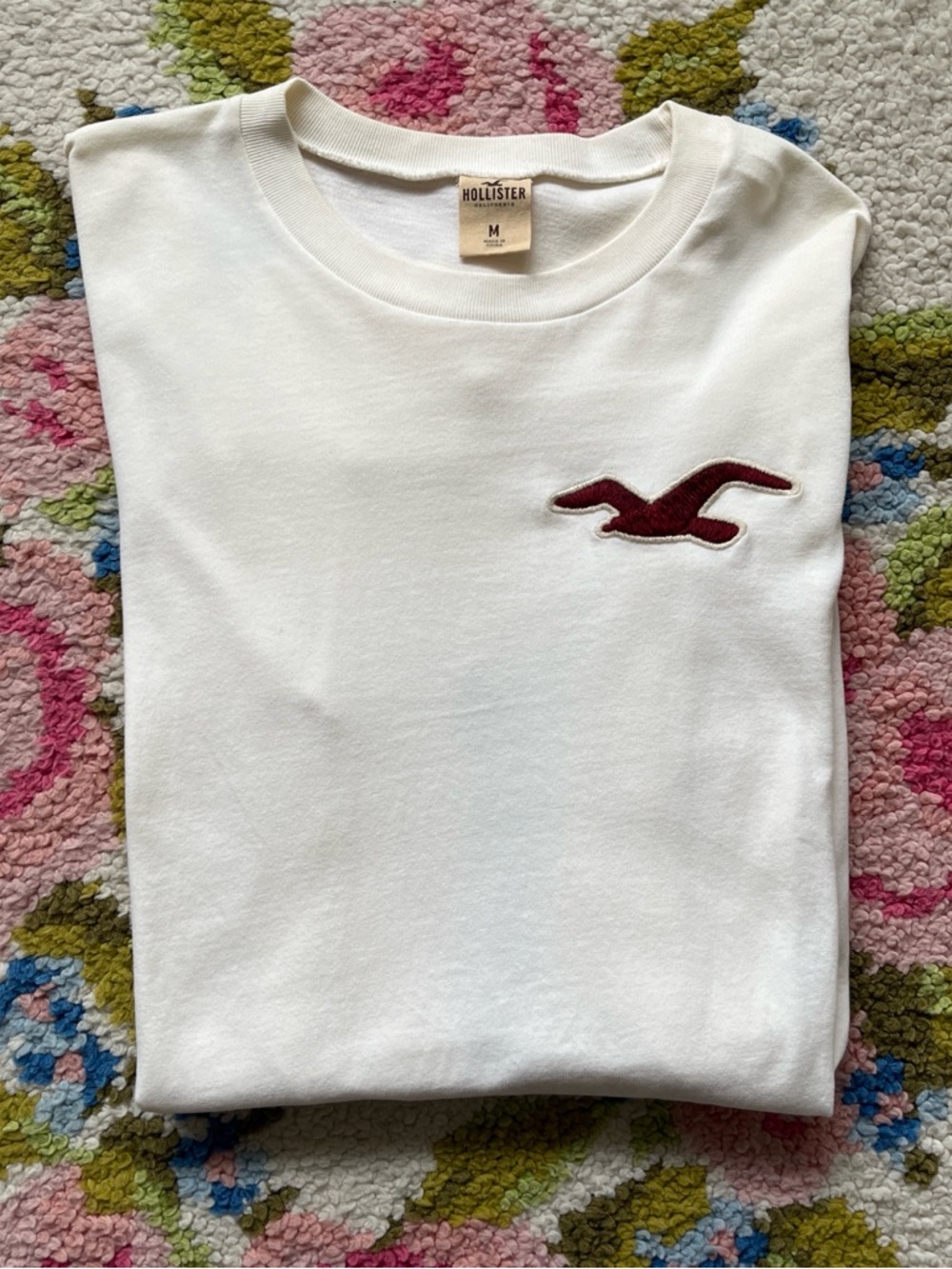 Hollister Cream Long Sleeve Logo Tee with Navy Sleeve Lettering